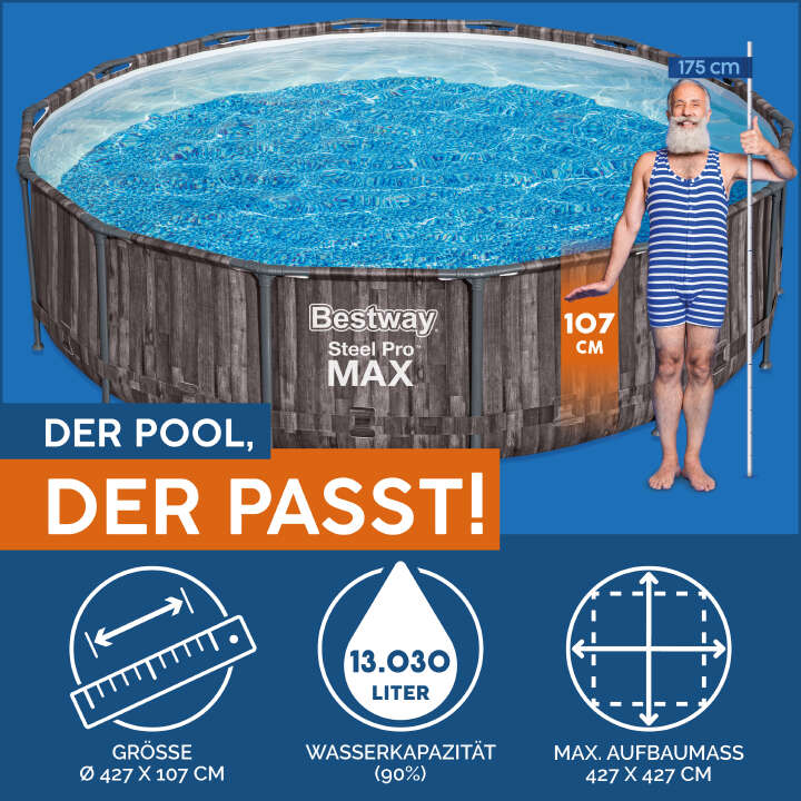 Bestway Steel Pro MAX™ Frame Pool Komplett-Set mit Filterpumpe rund 427 x 107 cm